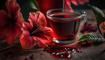 Close up red hibiscus tea beverage with flowers. AI generative image.の素材