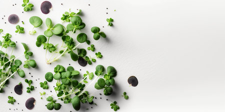 Microgreens horizontal banner with white background. Eco organic healthy food concept. AI generative image.の素材