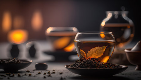 Close up hot tasty black tea, traditional breakfast drink. Dark indoor horizontal background. AI generative image.の素材