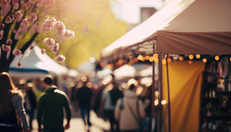 Abstract springtime street fair blurred horizontal background, outdoor backdrop with copy space. AI generative image.の素材