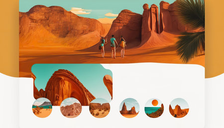 Advertising travel landing page design template, web site ui, ux mockup. Travel internet horizontal banner. AI generative image.の素材