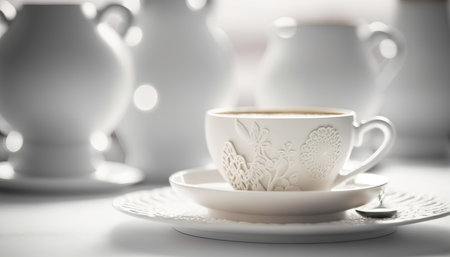 Close up of tasty hot cup of latte. Selective focus indoor cafe background. AI generative image.の素材