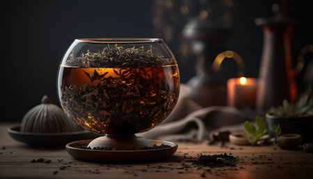 Close up hot tasty black tea, traditional breakfast drink. Dark indoor horizontal background. AI generative image.の素材