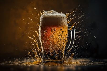 Mug of tasty cold beer on dark horizontal background. AI generative image.の素材