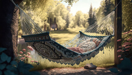 Comfortable cozy colorful hammock in boho style hanging on trees on outdoor sunny nature background. Blurred backdrop. AI generative image.の素材