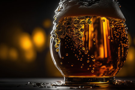 Mug of tasty cold beer on dark horizontal background. AI generative image.の素材