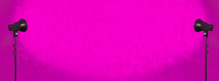lighting studio equipment, color concrete background, pink plaster wall, banner sizeの写真素材