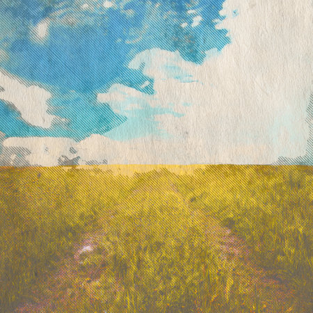 in the fields, retro background on old paper textureの写真素材