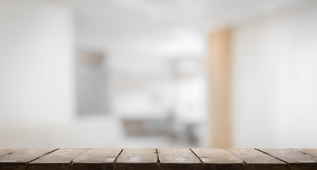 wooden table, blurred room, interior backgroundの写真素材