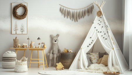 Boho style child's room, cozy bright interior. horizontal indoor background. AI generative image.の素材