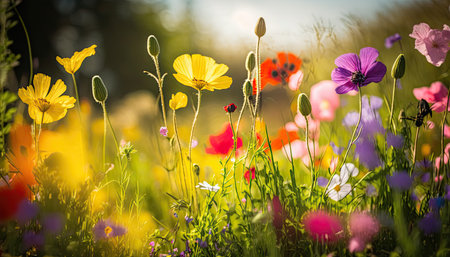 Beautiful sunny meadow with different multicolored wild flowers. Blooming field outdoor floral horizontal background. AI generative image.の素材