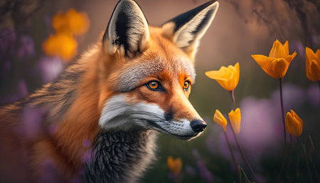 Beautiful wild red fox portrait on springtime outdoor nature background. AI generative image.の素材