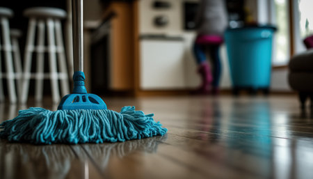 Close up mop on blurred living room indoor horizontal background. AI generative image.の素材