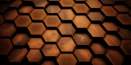 Hexagonal wooden tiles pattern, honeycomb shaped background made of timber. horizontal format. AI generative image.の素材