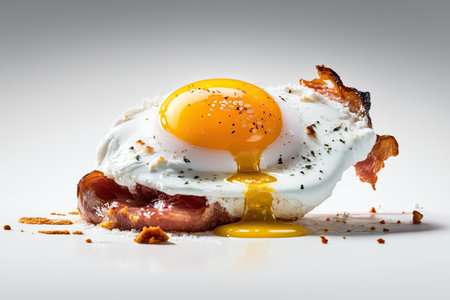Close up fried egg with bacon. Food for breakfast concept. AI generative image.の素材