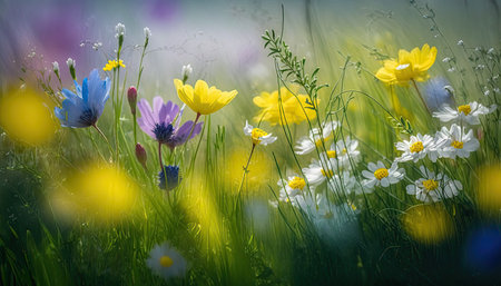 Beautiful sunny meadow with different multicolored wild flowers. Blooming field outdoor floral horizontal background. AI generative image.の素材
