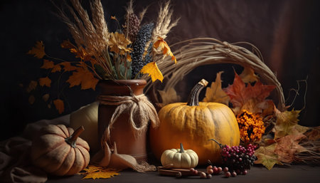 Autumn season harvest concept. Rural still life with seasonal vegetables and decorative elements. horizontal format. AI generative image.の素材