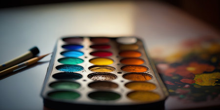 Close up watercolor palette with vibrant bright paints and paint brushes. artist tools. horizontal art banner. AI generative image.の素材
