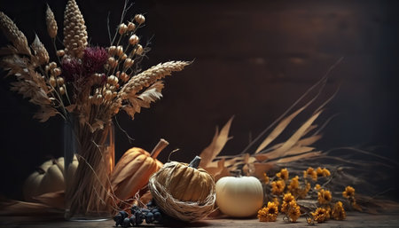 Autumn season harvest concept. Rural still life with seasonal vegetables and decorative elements. horizontal format. AI generative image.の素材