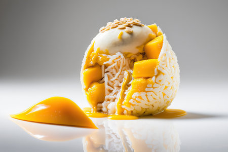 Close up sweet tasty Thai mango sticky rice delicious breakfast food on white background. AI generative image.の素材