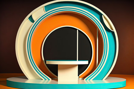Abstract minimal pop art product podium display. Empty showcase layout. horizontal background. AI generative image.の素材