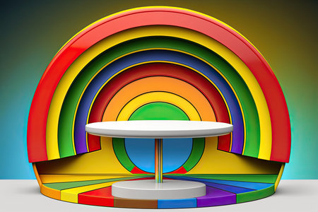 Abstract multicolored empty pop art product podium display. showcase template. horizontal format. AI generative image.の素材