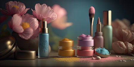 Closeup of various organic cosmetic products, springtime bright background. show case. natural beauty care. horizontal banner. AI generative image.の素材