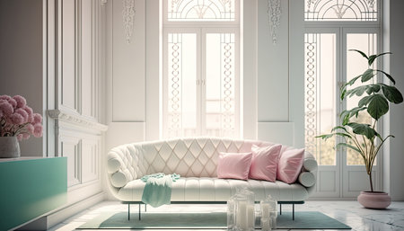 Beautiful bright luxury interior with sofa. indoor background. horizontal format. AI generative image.の素材