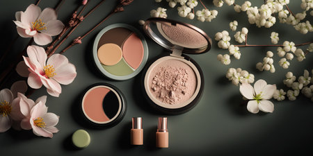 Closeup of various organic cosmetic products, springtime bright background. show case. natural beauty care. horizontal banner. AI generative image.の素材