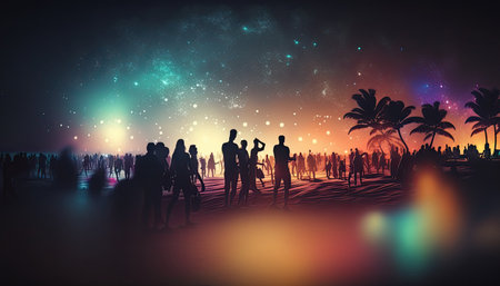 Night beach music party with blurred dancing people at the background. outdoor activities. AI generative image.の素材
