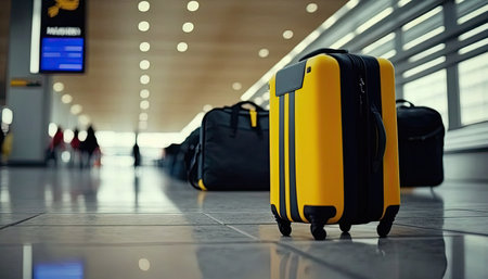 Close up travel luggage on blurred airport or station background with copy space. horizontal banner. Big suitcase with wheels. AI generative image.の素材