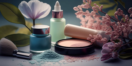 Closeup of various organic cosmetic products and springtime flowers on bright background. show case. natural beauty care concept. horizontal banner. AI generative image.の素材