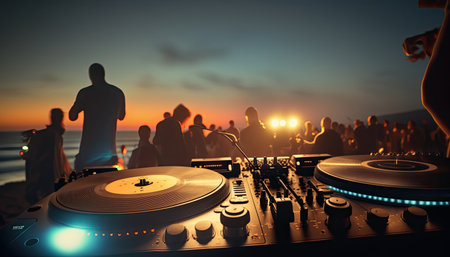 Night beach music party with close up DJ turntable and blurred dancing people having fun on outdoor background. nightlife concept. AI generative image.の素材