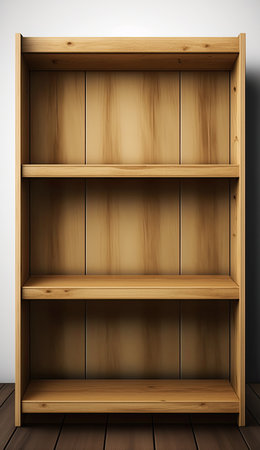 Empty clean wooden shelves with copy space. AI generative image.の素材