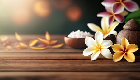 Beautiful Frangipani Plumeria flowers on wooden background with copy space. springtime. AI generative image.の素材
