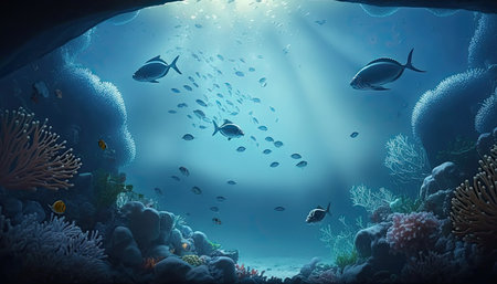 Beautiful underwater ocean bottom scene. Abstract horizontal marine background with copy space. AI generative image.の素材