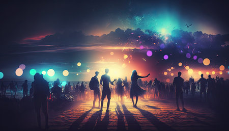 Night beach party with blurred people crowd. horizontal background. AI generative image.の素材