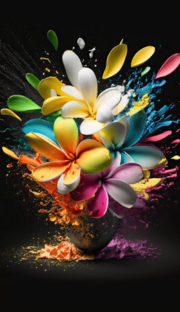 Beautiful abstract plumeria flowers with bright colored powder explosion on black background. Floral mobile vertical splash screen template. AI generative image.の素材