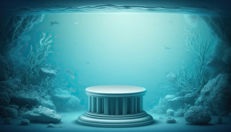 Abstract minimal podium product display, underwater scene, horizontal format. AI generative image.の素材
