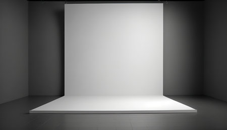 Modern empty professional photo studio interior with photography equipment. Horizontal indoor background with copy space. AI generative image.の素材