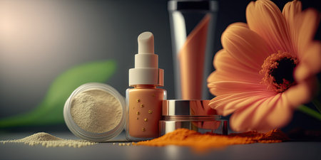Beautiful composition made of closeup organic cosmetic products and spring flowers on bright background. natural beauty care concept. horizontal banner. AI generative image.の素材