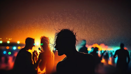 Night beach party with blurred dancing crowd of people having fun. nightlife illustration. AI generative image.の素材