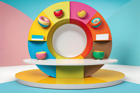 Abstract multicolored empty pop art product podium display. showcase template. horizontal format. AI generative image.の素材