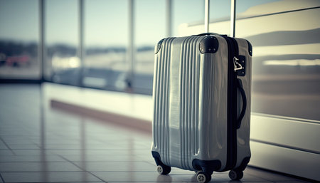 Close up travel luggage on blurred airport or station background with copy space. horizontal banner. Big suitcase with wheels. AI generative image.の素材