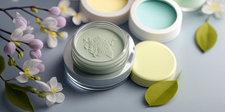 Closeup of various organic cosmetic products and springtime flowers on bright background. show case. natural beauty care concept. horizontal banner. AI generative image.の素材
