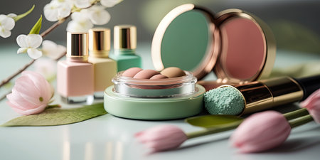 Closeup of various organic cosmetic products, springtime bright background. show case. natural beauty care. horizontal banner. AI generative image.の素材
