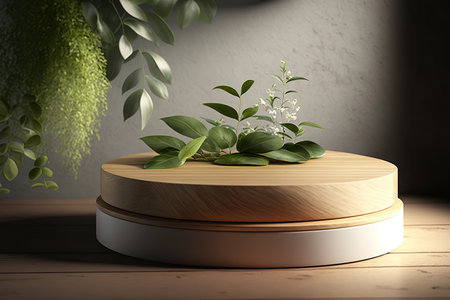 Abstract minimal product display podium or showcase with organic, herbal elements. horizontal format. Springtime ad layout. AI generative picture.の素材