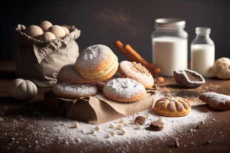 Fresh sweet buns and bottles of milk. Rustic still life. AI generative image.の素材