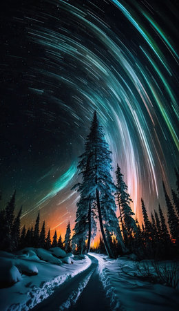 Amazing, beautiful long exposure star trail night sky with coniferous forest silhouette, snow and path way. Vertical nature splash screen template. AI generative image.の素材