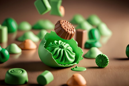 Various green color sweets, confectionary and pastry products. horizontal format. AI generative image.の素材